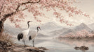Traditional Japanese art style wallpaper featuring two cranes, blooming cherry blossom branches, and distant misty mountains