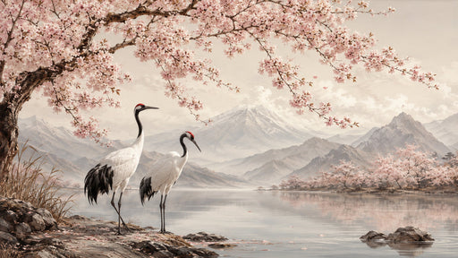 Traditional Japanese art style wallpaper featuring two cranes, blooming cherry blossom branches, and distant misty mountains