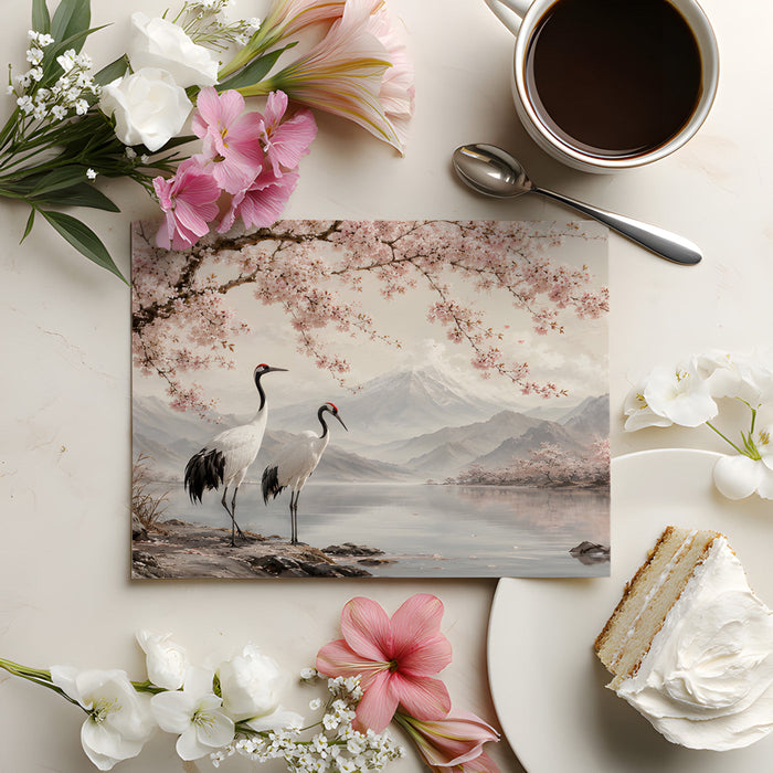 Relaxing home office space featuring a panoramic Japanese nature mural with soft pink flower details