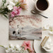 Relaxing home office space featuring a panoramic Japanese nature mural with soft pink flower details