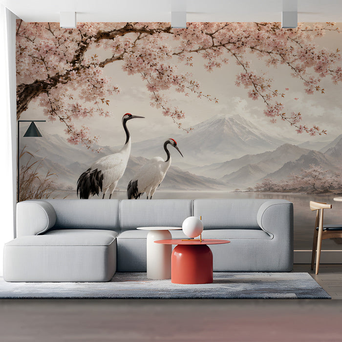 Commercial room wall mural featuring a serene mountain landscape and cranes behind a wooden table