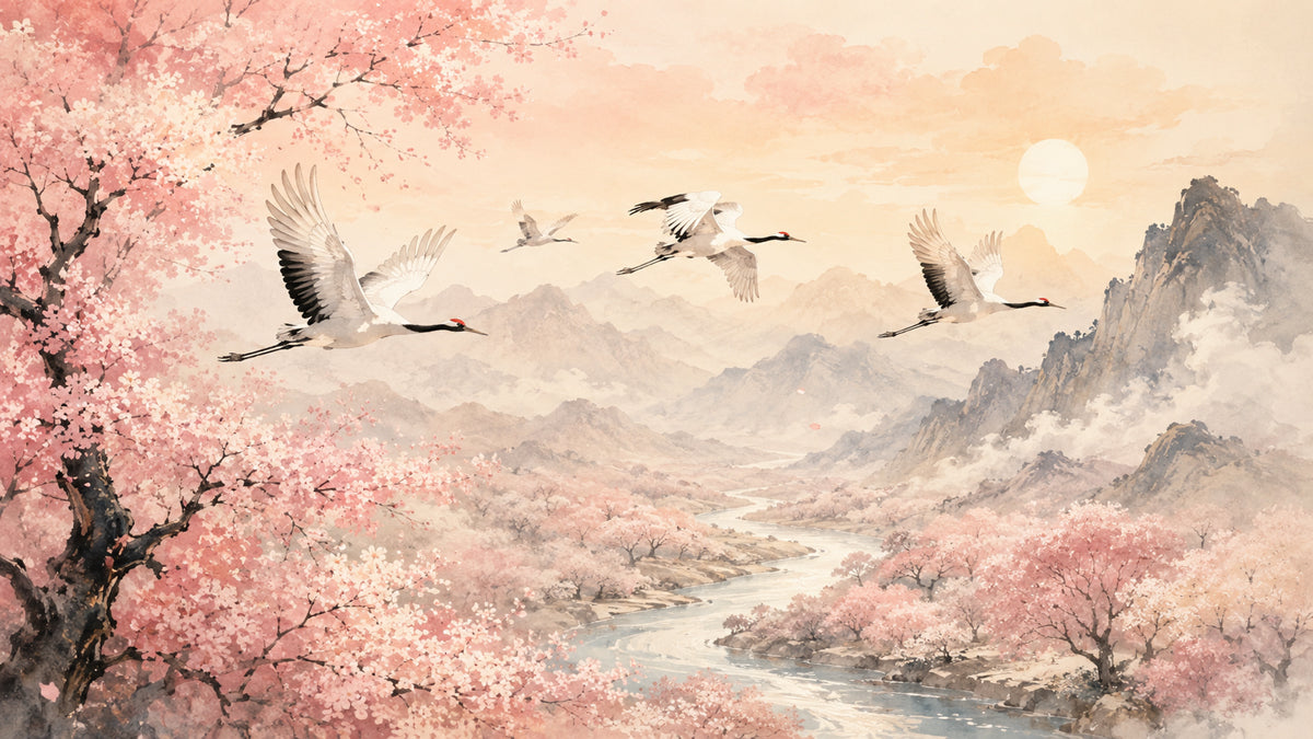 Watercolor landscape wallpaper featuring flying cranes, cherry blossom trees, a river, and misty mountains in blush and coral tones
