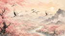 Watercolor landscape wallpaper featuring flying cranes, cherry blossom trees, a river, and misty mountains in blush and coral tones