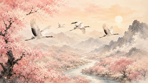 Watercolor landscape wallpaper featuring flying cranes, cherry blossom trees, a river, and misty mountains in blush and coral tones