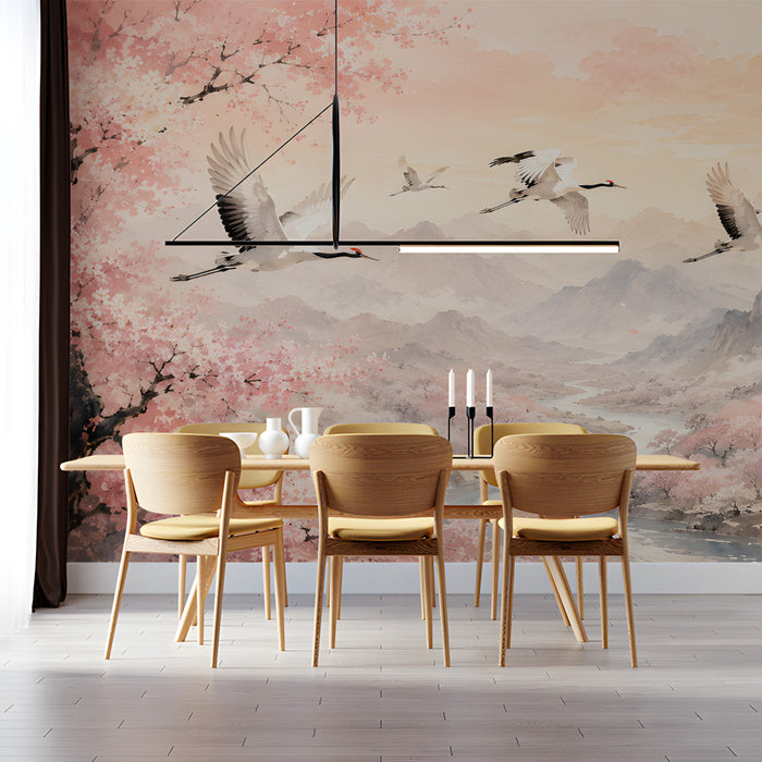 Artistic blossom and crane wallpaper used as a focal wall in a minimalist dining room