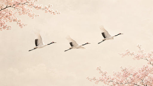 Three white cranes flying across a cream background with pink cherry blossom branches in corners