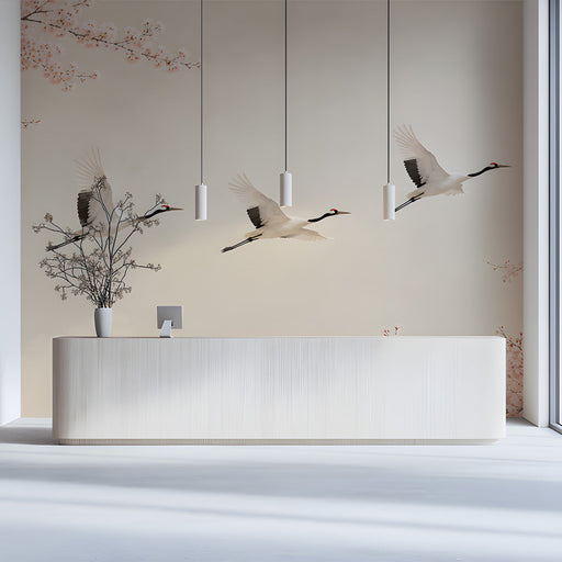 Reception wall featuring a graceful crane in flight mural and cherry blossom accents