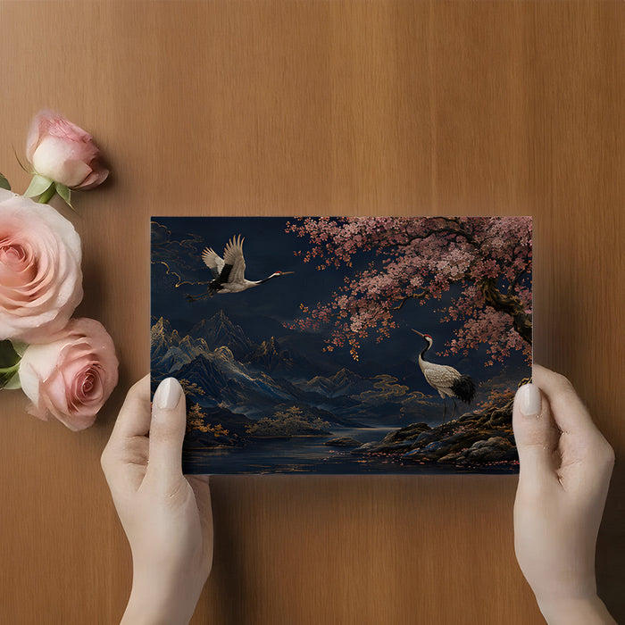 Sophisticated living room featuring a Japanese-inspired lake landscape wallpaper mural.