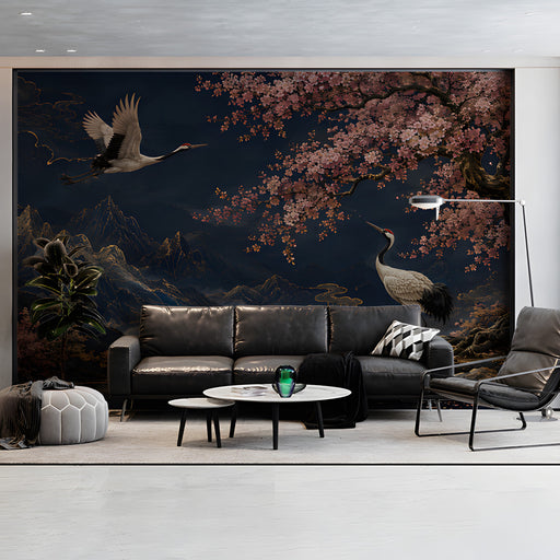 Quiet living room corner with an intricate dark landscape mural and wooden accents.