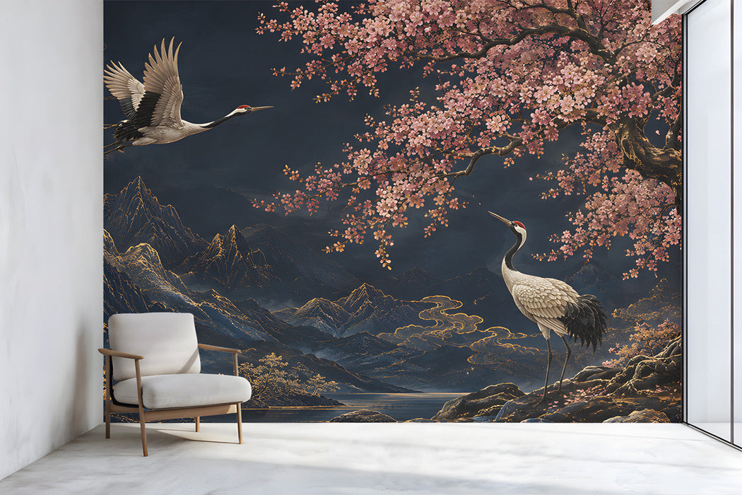 Moody entryway with crane and cherry blossom mural behind a low-profile velvet bed.