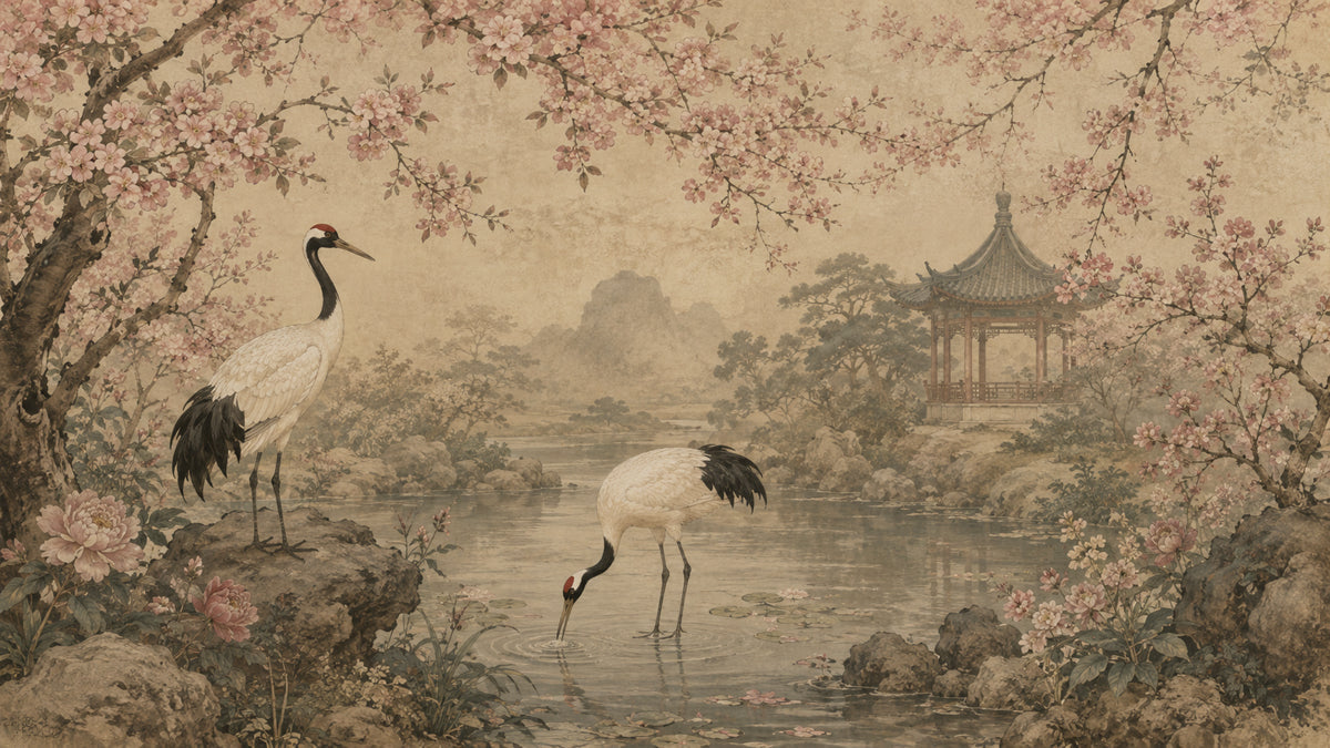 Vintage-style mural wallpaper featuring red-crowned cranes, blooming cherry blossoms, and an oriental pavilion by a pond