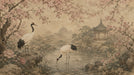 Vintage-style mural wallpaper featuring red-crowned cranes, blooming cherry blossoms, and an oriental pavilion by a pond