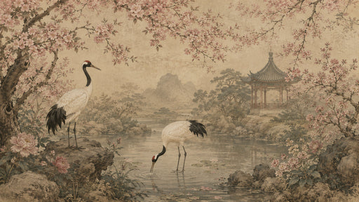 Vintage-style mural wallpaper featuring red-crowned cranes, blooming cherry blossoms, and an oriental pavilion by a pond