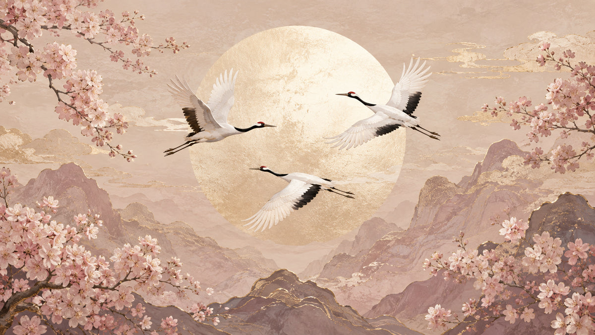 Crane and cherry blossom mural featuring white cranes with charcoal wings flying past a large gold sun over blush mountains.
