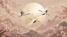 Crane and cherry blossom mural featuring white cranes with charcoal wings flying past a large gold sun over blush mountains.