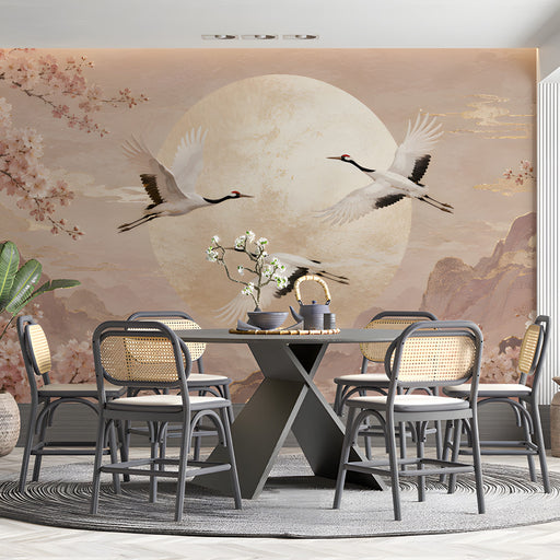 A calming dining room wall featuring a crane and cherry blossom mural above a soft cream upholstered headboard.