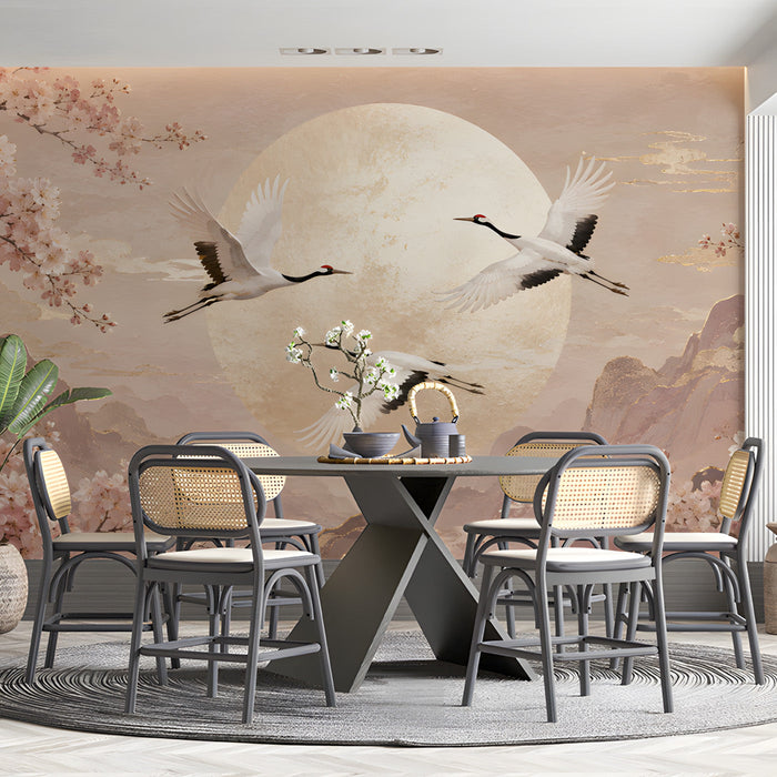 A calming dining room wall featuring a crane and cherry blossom mural above a soft cream upholstered headboard.