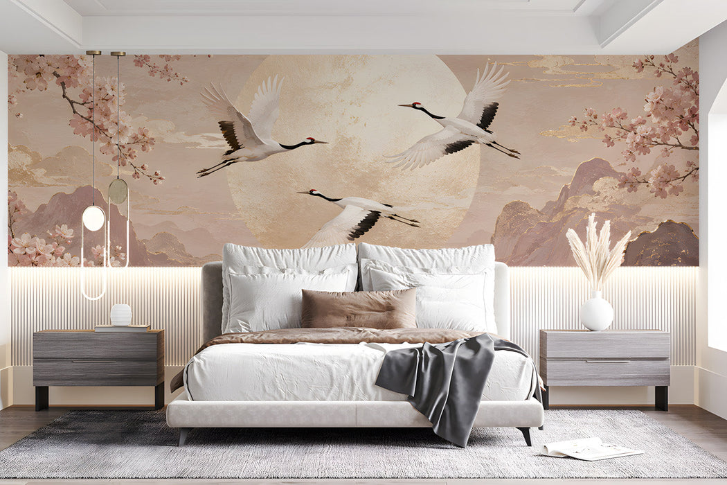 An elegant bedroom scene with a crane and cherry blossom mural as a backdrop for a modern minimalist table setting.