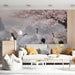 A peaceful living room sanctuary with a panoramic crane and floral mountain mural covering the main wall.