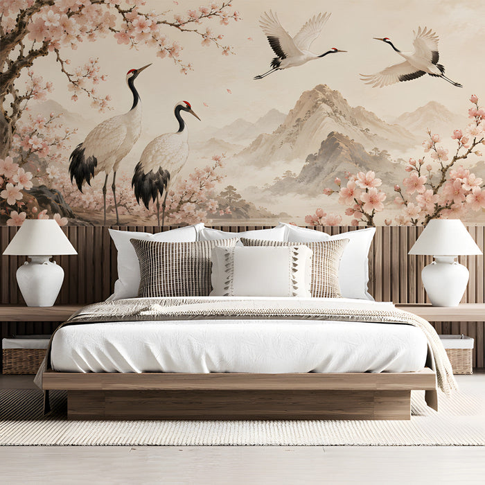 A bedroom wall with a serene mural of flying cranes and pale pink flowers