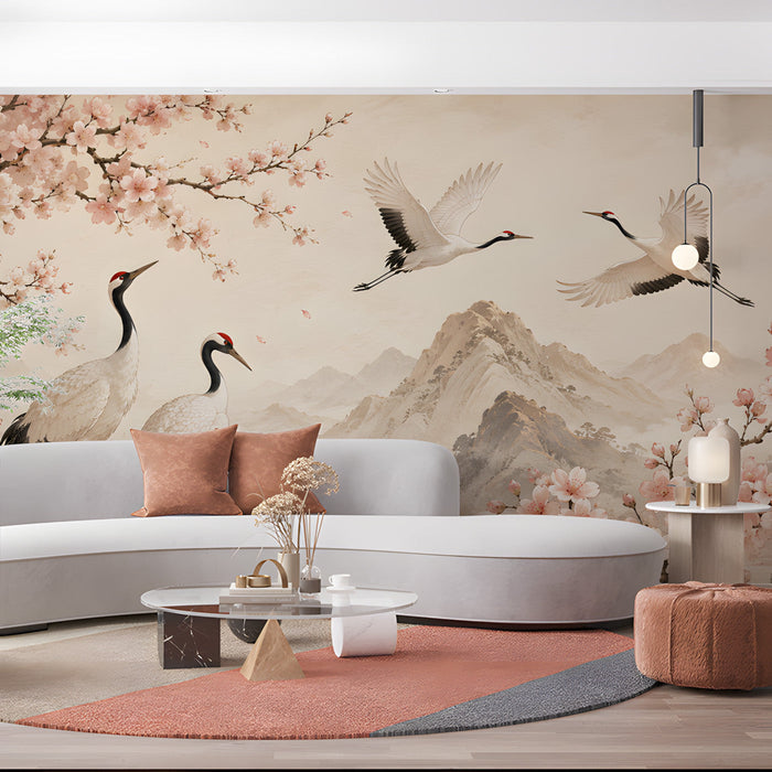 A commercial space wall mural featuring a peaceful crane and blossom design behind a minimalist wooden bed frame