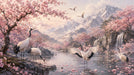 Japanese mountain scene with red-crowned cranes and pink cherry blossoms