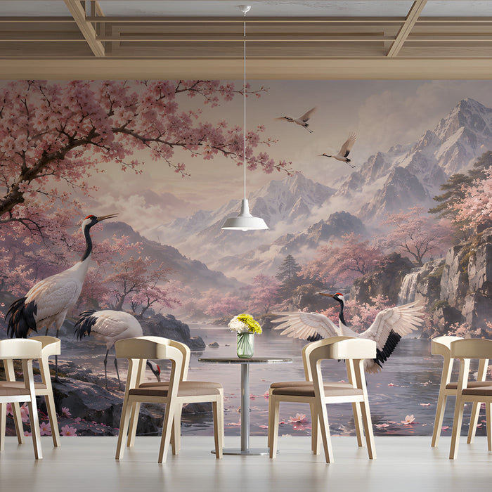 Cafe interior with serene mountain and crane wall mural