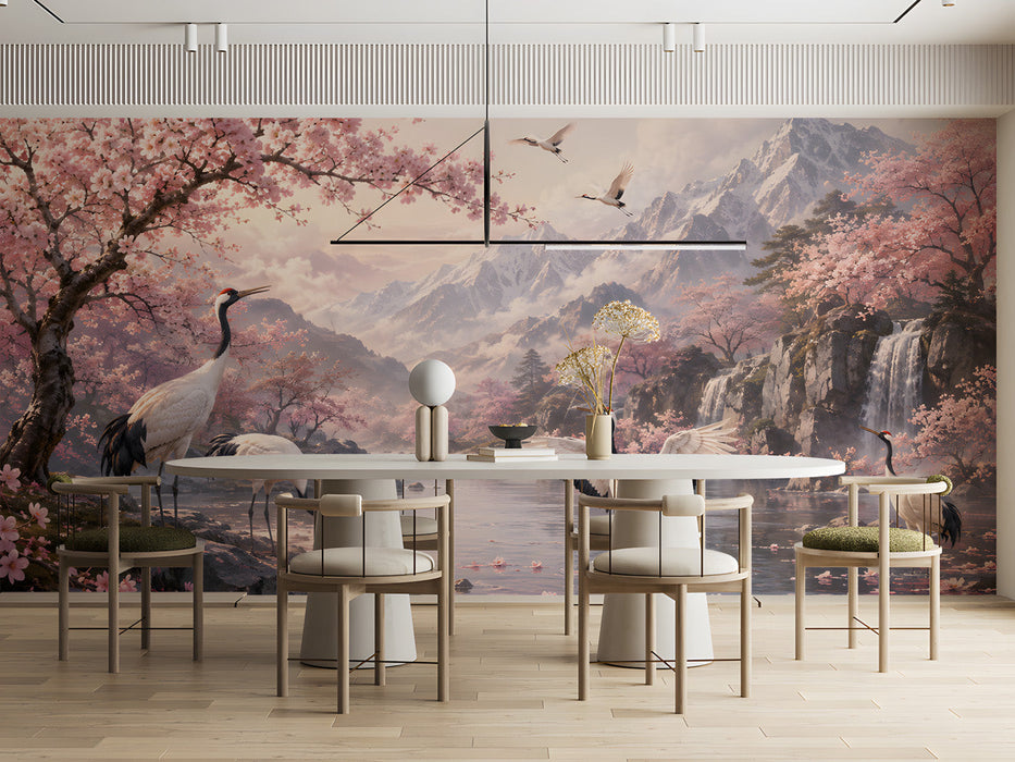Japanese crane mural installed in a serene office with wooden furniture