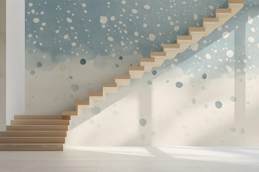 Abstract blue and cream snowfall wallpaper installed in a peaceful exhibition room with wooden crib