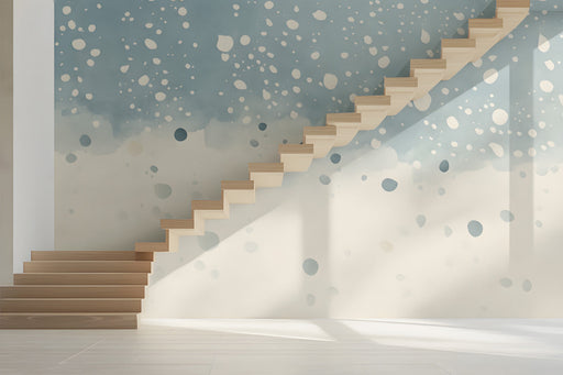 Abstract blue and cream snowfall wallpaper installed in a peaceful exhibition room with wooden crib