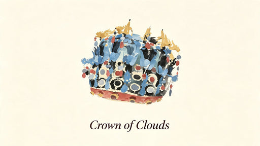 Oil painting illustration of a royal crown in shades of blue, charcoal, gold, and terracotta on cream background