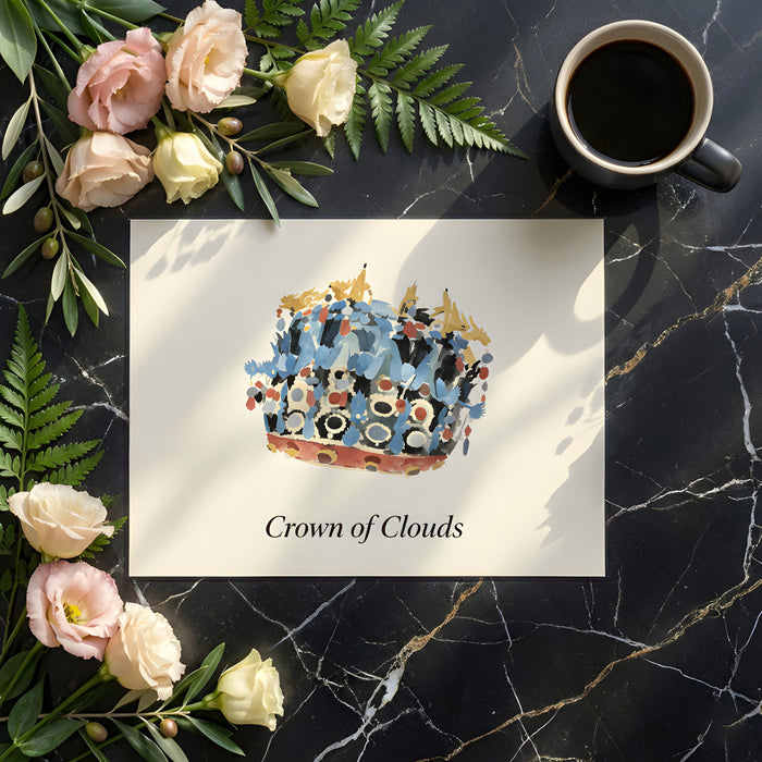 Sophisticated bedroom wall decor with a centered crown mural and minimalist furniture