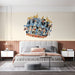 Elegant bedroom space with a hand-painted style crown mural above a mahogany desk