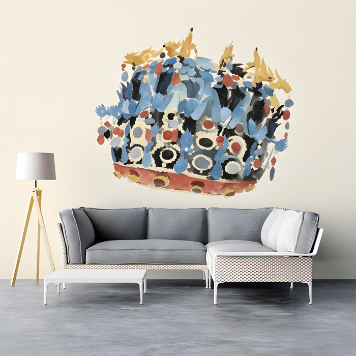 Modern home library featuring a single crown mural on the wall above a velvet armchair