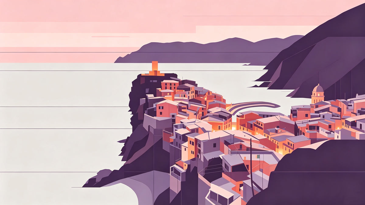 A graphic coastal village wallpaper featuring apricot and plum hues with a minimalist sunset sky.