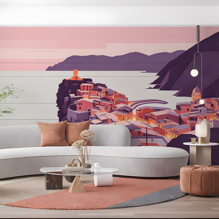 Mediterranean landscape wallpaper in a cozy commercial space with warm lighting and soft bedding.