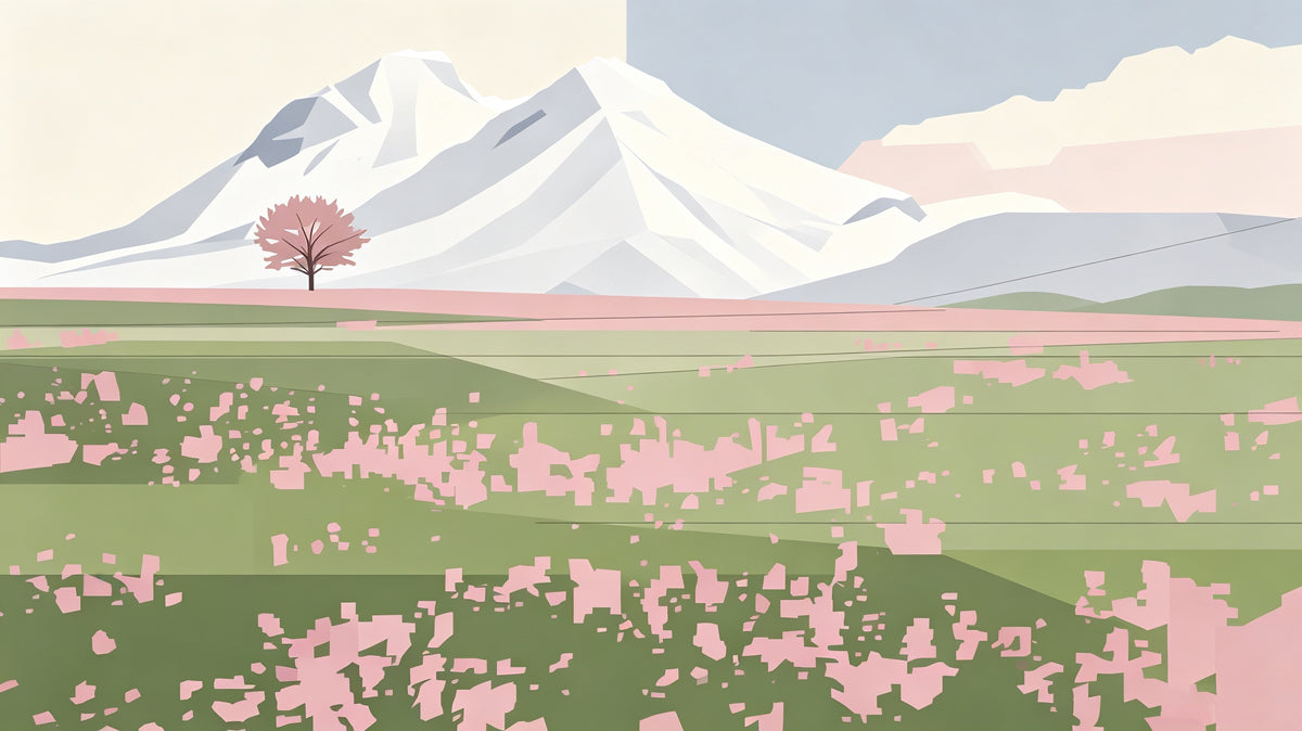 Minimalist landscape mural with snow-capped mountains, sage green fields, and pink cherry blossom petals