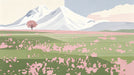 Minimalist landscape mural with snow-capped mountains, sage green fields, and pink cherry blossom petals