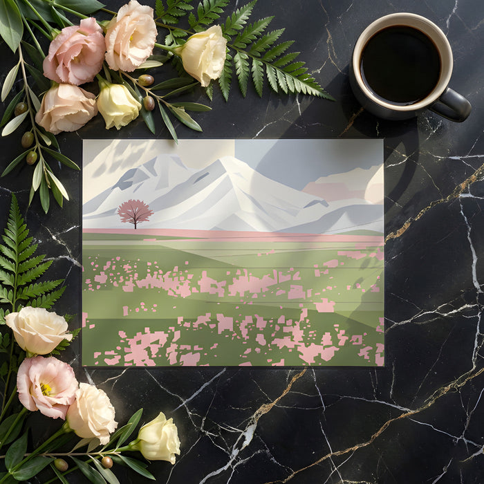 Nature-inspired bedroom wall featuring a soft mountain range and pink floral meadow mural