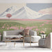 Calming home office wall mural with geometric mountain peaks and soft meadow colors