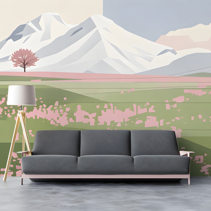 Minimalist mountain meadow mural installed on a long cinema room wall above a beige sofa