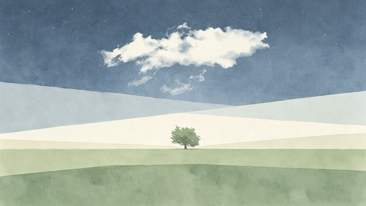 Minimalist landscape mural with a lone tree against blue sky and green meadows