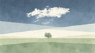 Minimalist landscape mural with a lone tree against blue sky and green meadows