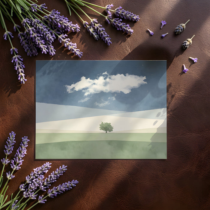 Modern home office with a calming landscape wallpaper of fields and a single tree