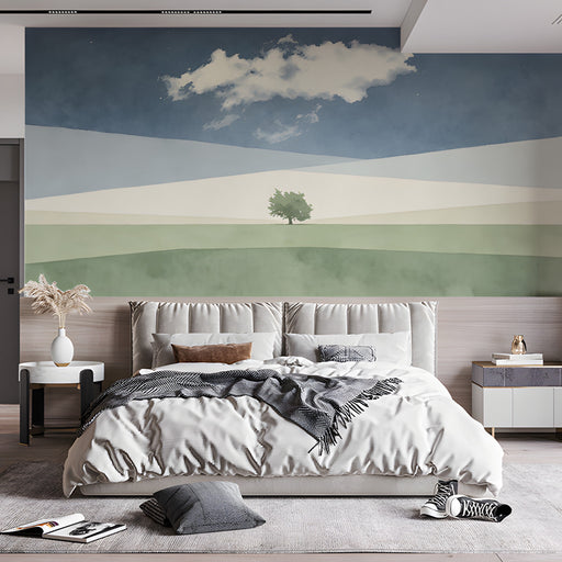 Serene bedroom interior featuring a minimalist meadow mural on the main wall