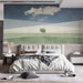 Serene bedroom interior featuring a minimalist meadow mural on the main wall