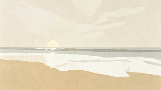 Minimalist landscape mural with sandy beach, gray ocean, and a pale gold sunset