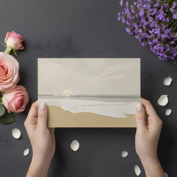Abstract beach horizon wallpaper featuring soft tones in a serene home office