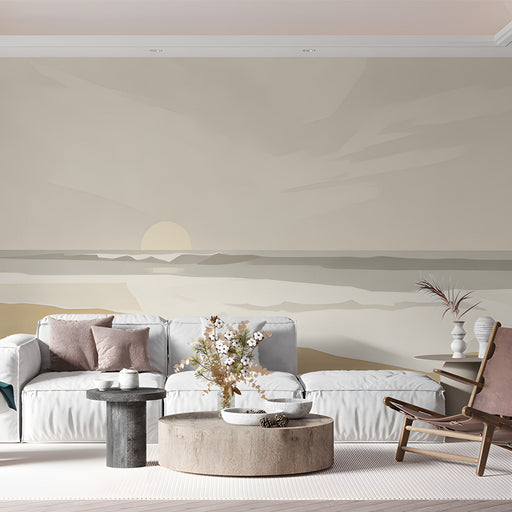 Calming sunset wall mural behind a minimalist wooden bed frame in a living room
