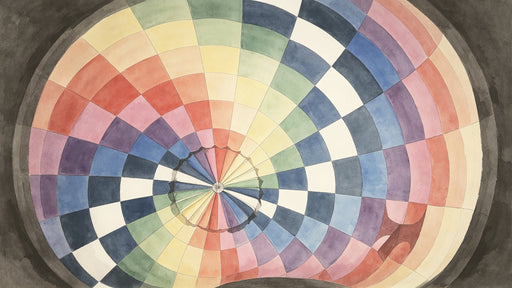 A radial grid pattern in watercolor style with blended hues of blue, green, yellow, and red on a white background.